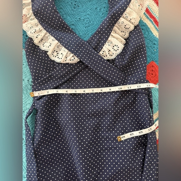 Vintage prairie dress- polka dot navy ruffle, lace cross tie maxi- XXS - Picture 12 of 14